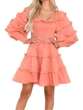 Cleobella Harley Smocked Puff Sleeve Mini Dress in Coral Size XS